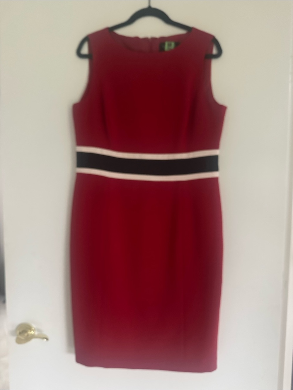 Sleeveless Red Sheath Dress with White and Black Waistband Accents